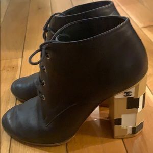 Chanel Navy Laceup Booties w/ Geometric Block Heel